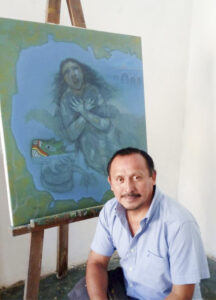 Miguel Angel Cime Ku with cover painting on easel.